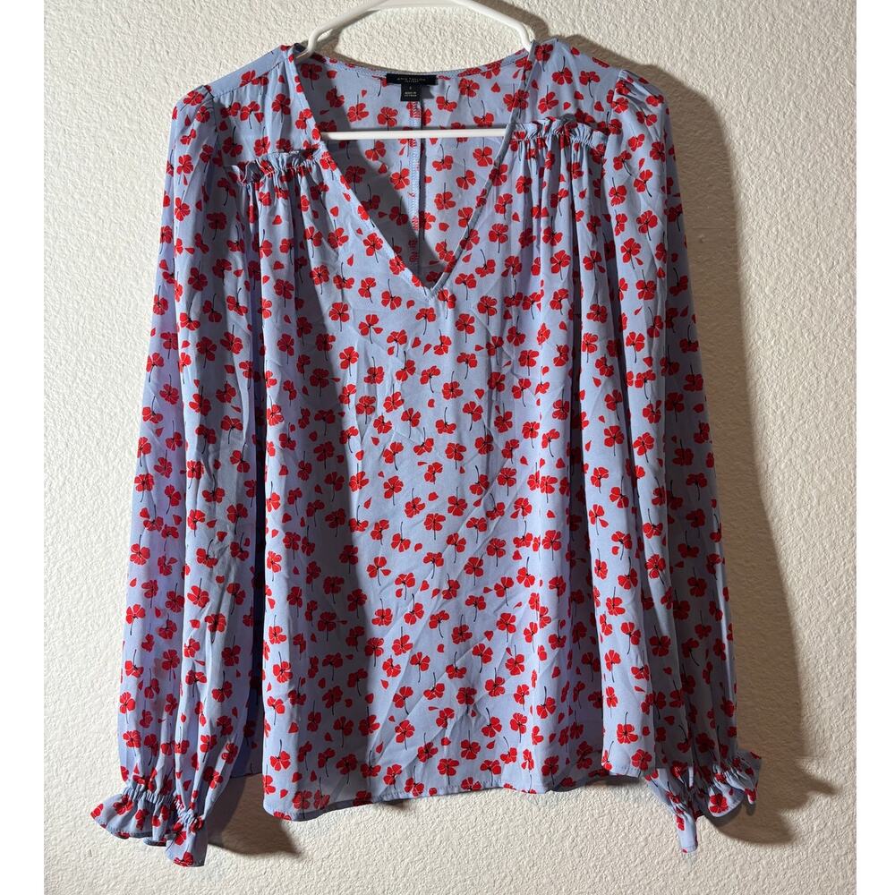 Ann Taylor Factory Size S Blue Red Floral V-Neck Elasticized Ruffle-Cuffs Blouse